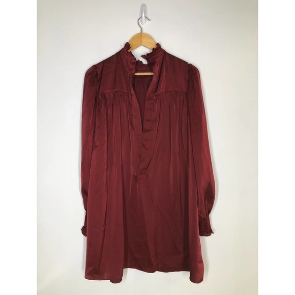 Adam Lippes Charmeuse Dress Ruffle Neck Burgundy 2 - Picture 6 of 13